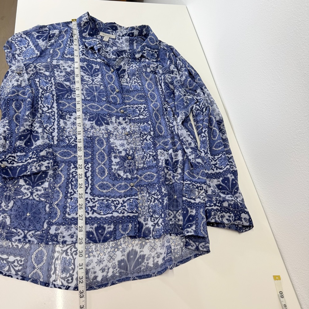 Dressbarn Patchwork Sheer Long Sleeve Button Up Blouse Boho Blue Tunic Size 2X - Picture 7 of 8